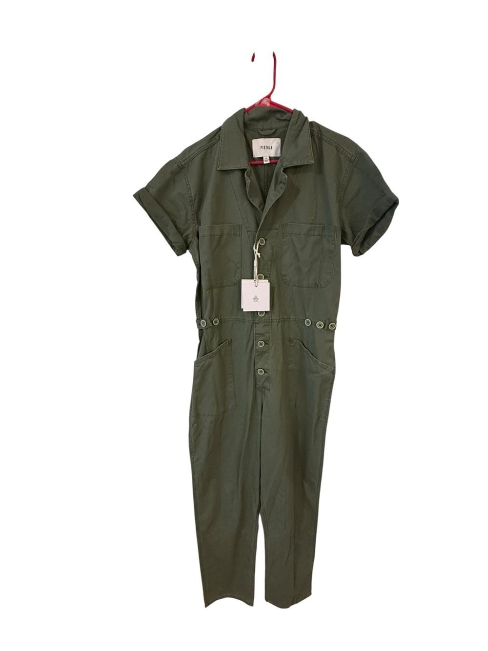 Pistola Utility Short-Sleeve Jumpsuit in Olive Green NWT size M